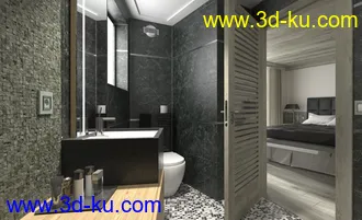 酒店卫生间场景,酒店浴室,马桶,洗脸台,3D模型的图片