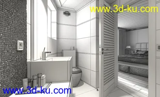 酒店卫生间场景,酒店浴室,马桶,洗脸台,3D模型的图片
