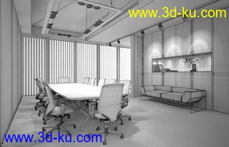 会议室场景,长形会议桌子,沙发,椅子模型,3D模型的图片
