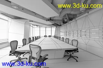 大型会议室场景,长桌子,谈判室,会面室,商议办公室,3D模型的图片